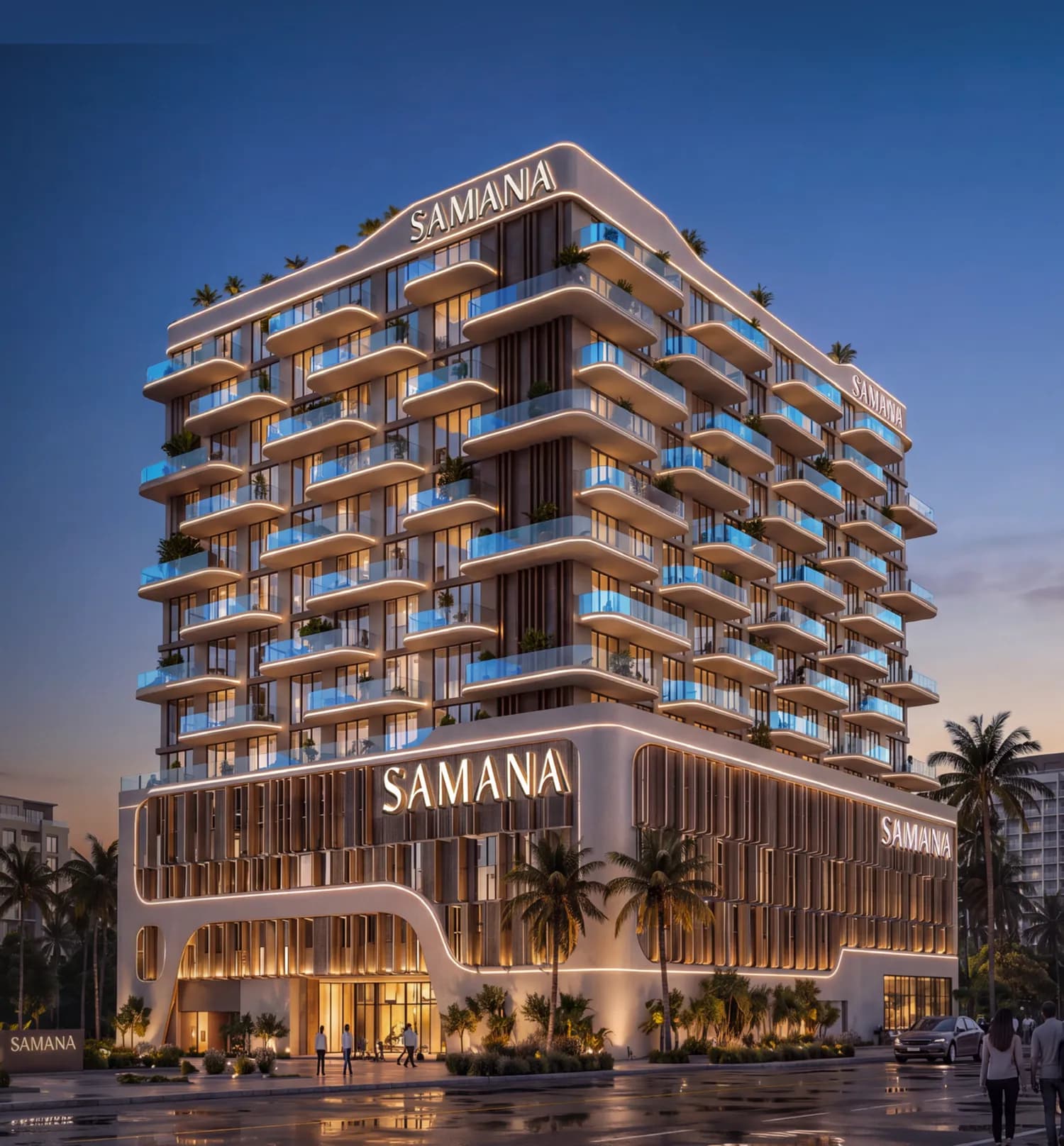Samana Portside — the residential tower at Downtown Jebel Ali at dusk